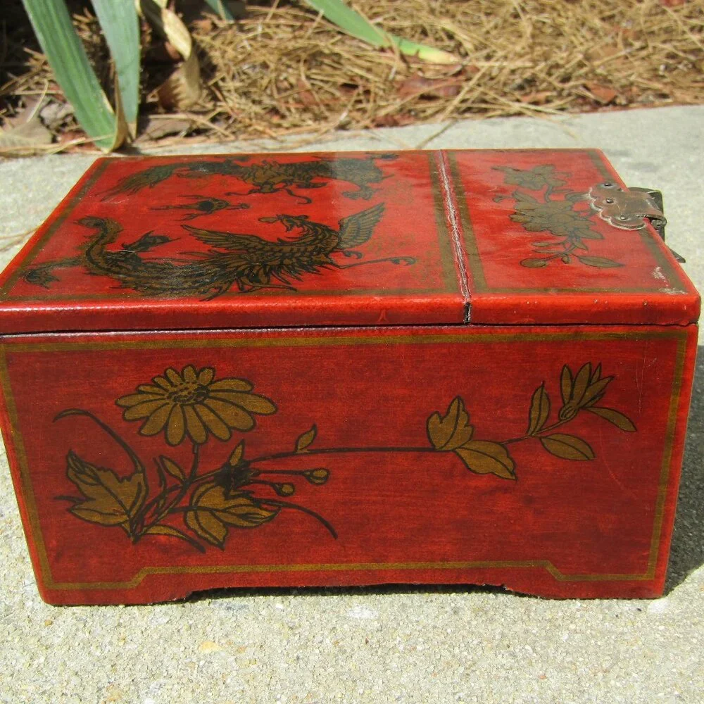 Vintage Chinese Red Lacquer Vanity Jewelry Box with Mirror & Dragon Motif
